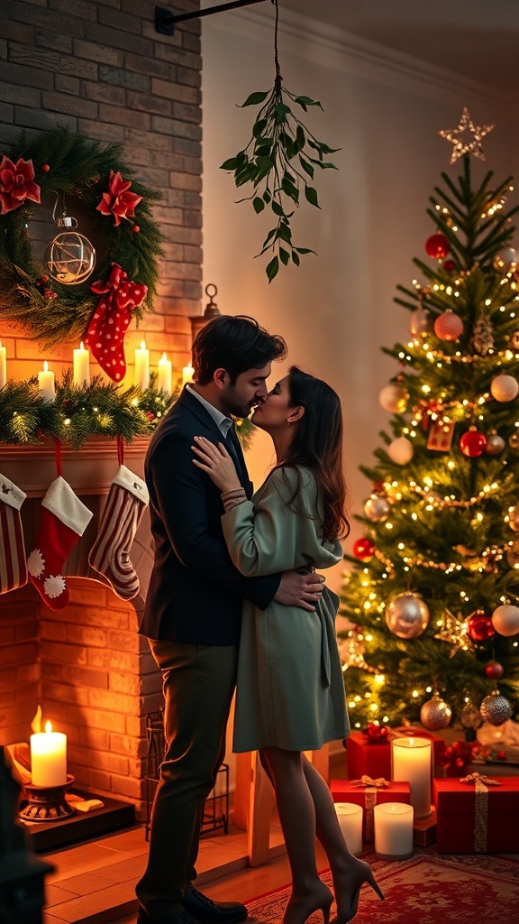 A couple embracing under mistletoe in a cozy Christmas setting with a decorated tree and fireplace.